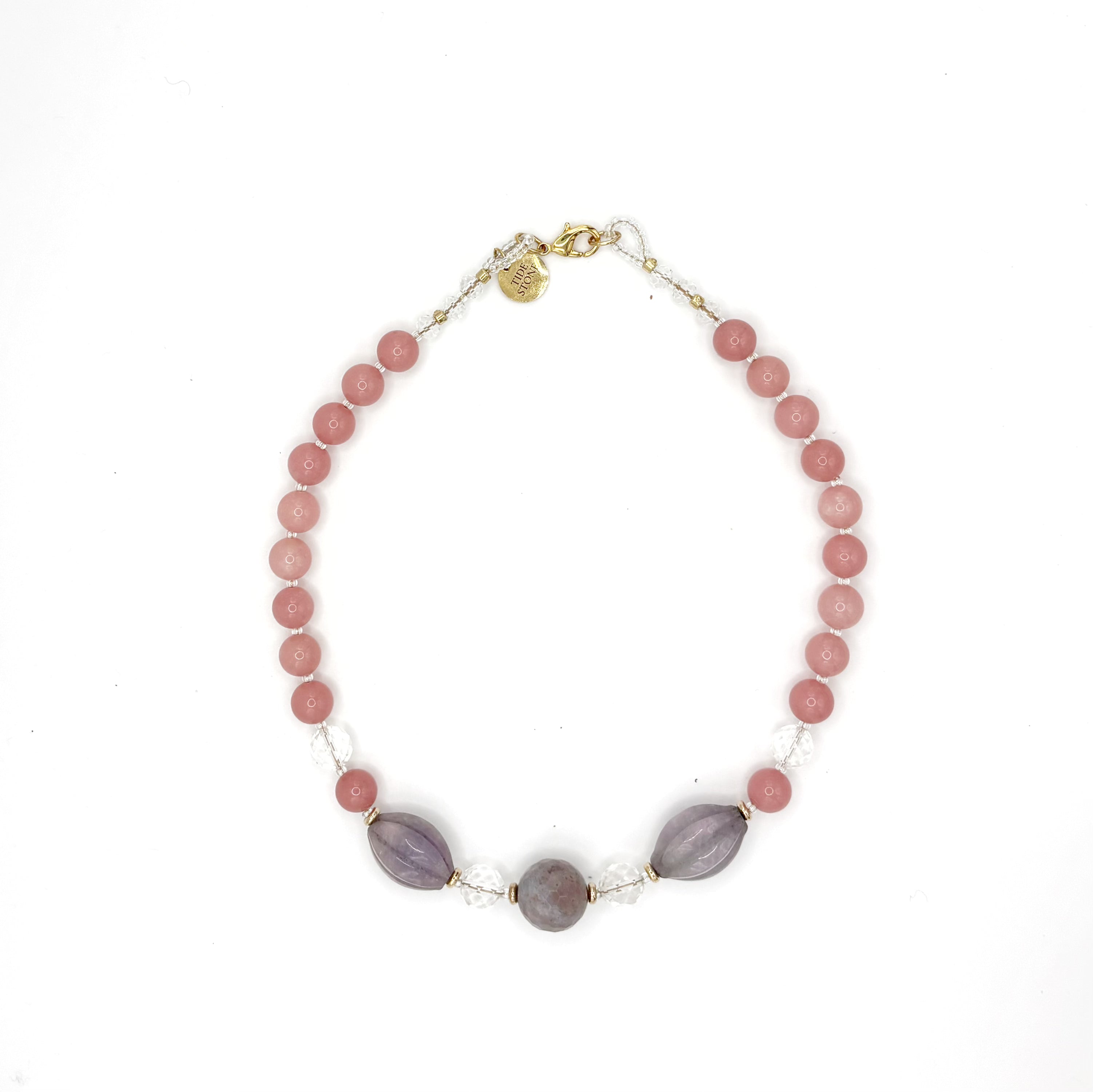 Collar Rosaleda – TideStone, collar artesanal de cuarzo rosa y amatista gris tallada hecho a mano en España