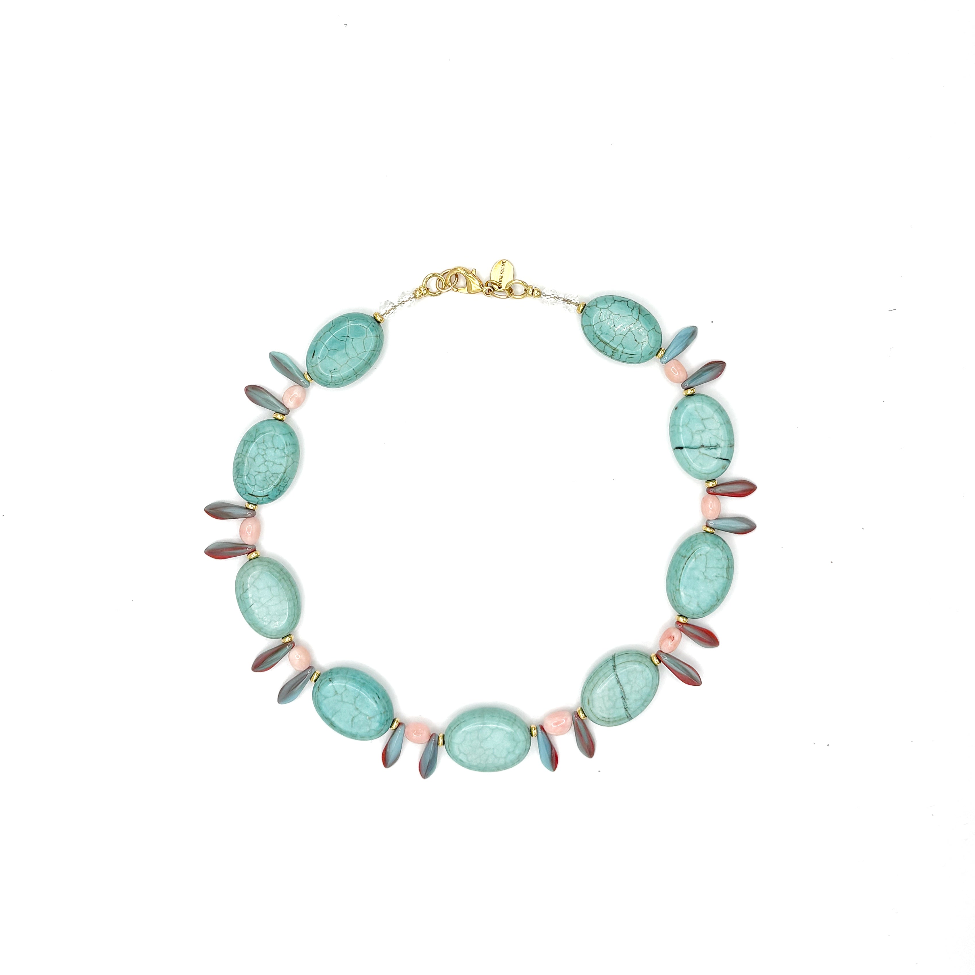 Collar Cala artesanal de turquesa y coral bambú en tonos verdes y rosas — TIDE STONE España