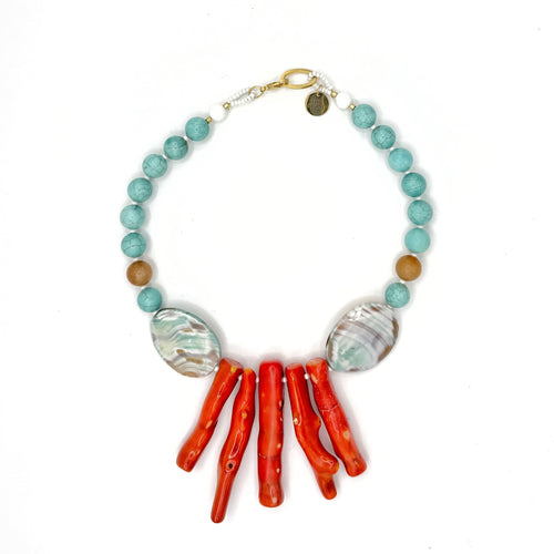 Collar Antilla artesanal de turquesa, ámbar y coral bambú rojo — TIDE STONE España