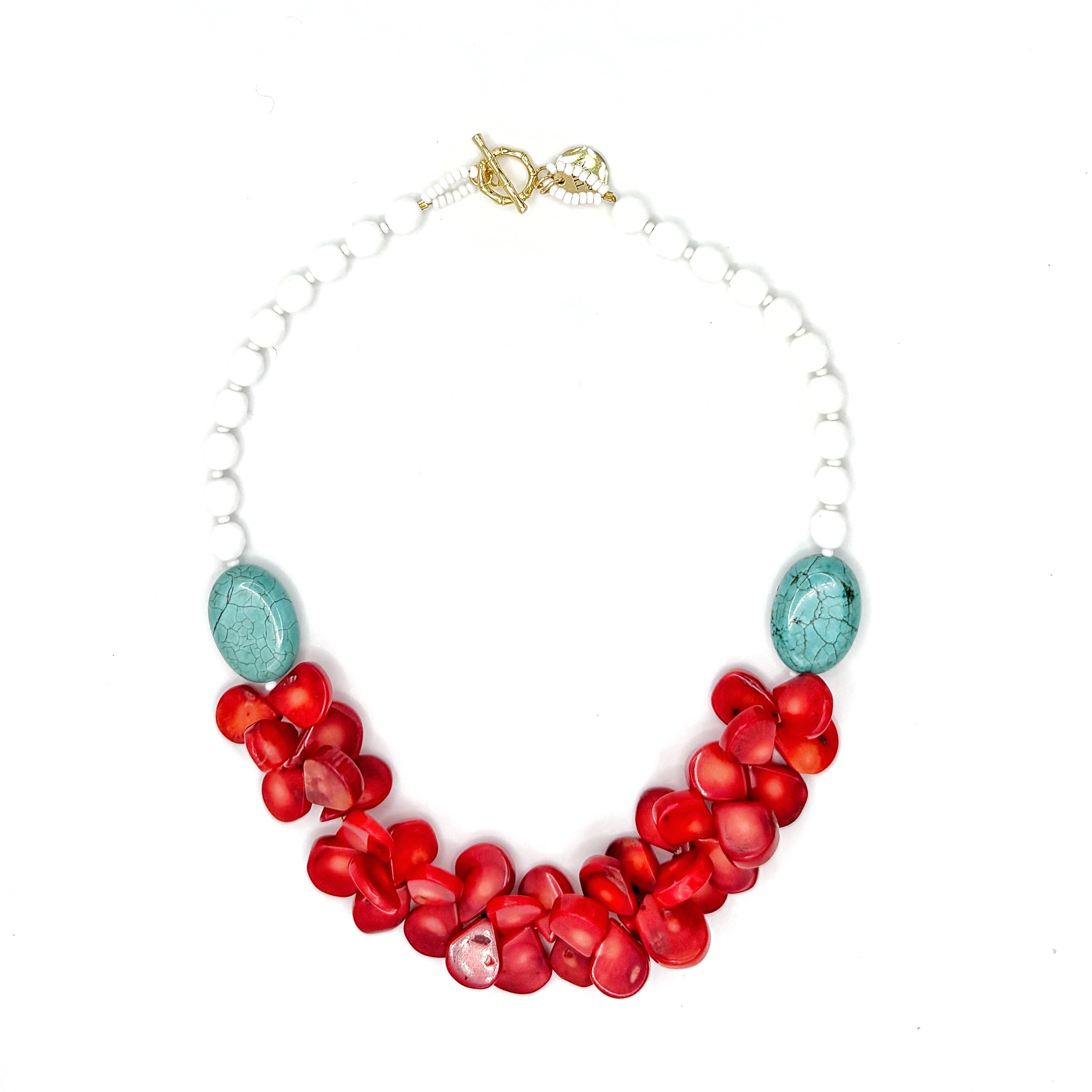 Collar Vermell artesanal de ágata roja y turquesa con cierre dorado — TIDE STONE España