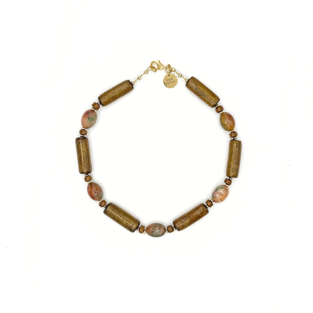 Collar Dorada – TideStone, collar artesanal de unakita y madera dorada hecho a mano en España