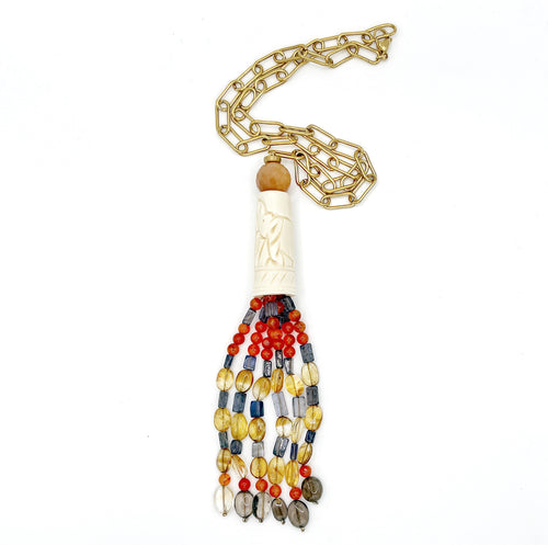 Collar Cascada con borla de cornalina, citrino, cuarzo ahumado e iolita bajo hueso tallado, hecho a mano – TideStone