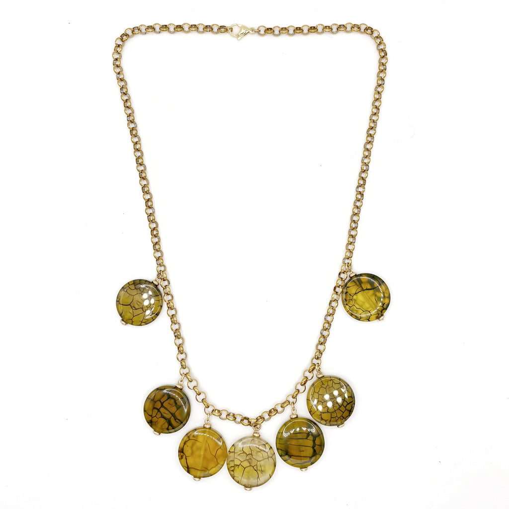 Collar Escamas de discos de ágata de venas de dragón sobre cadena rolo de acero inoxidable dorado, hecho a mano – TideStone