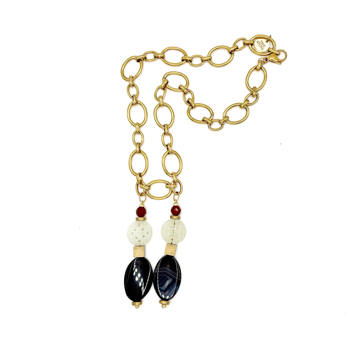 Collar Índigo con cadena de acero inoxidable dorado de eslabones ovalados, ágata azul, jade tallado y cornalina – TideStone