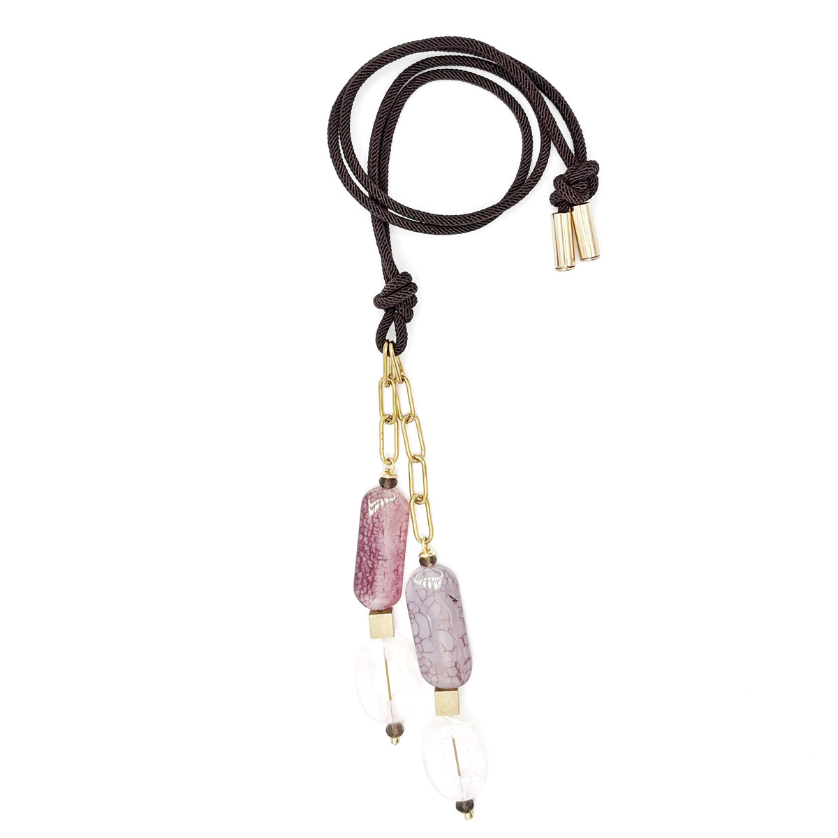 Collar Largo Lariat Malva de ágata teñida en tono lila y cuarzo rosa, hecho a mano – TideStone
