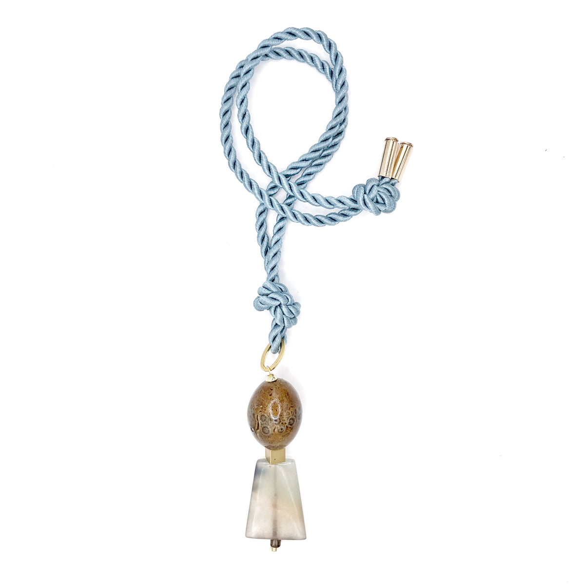 Collar largo Lariat Celeste de ágata teñida en celeste y blanco, hecho a mano – TideStone