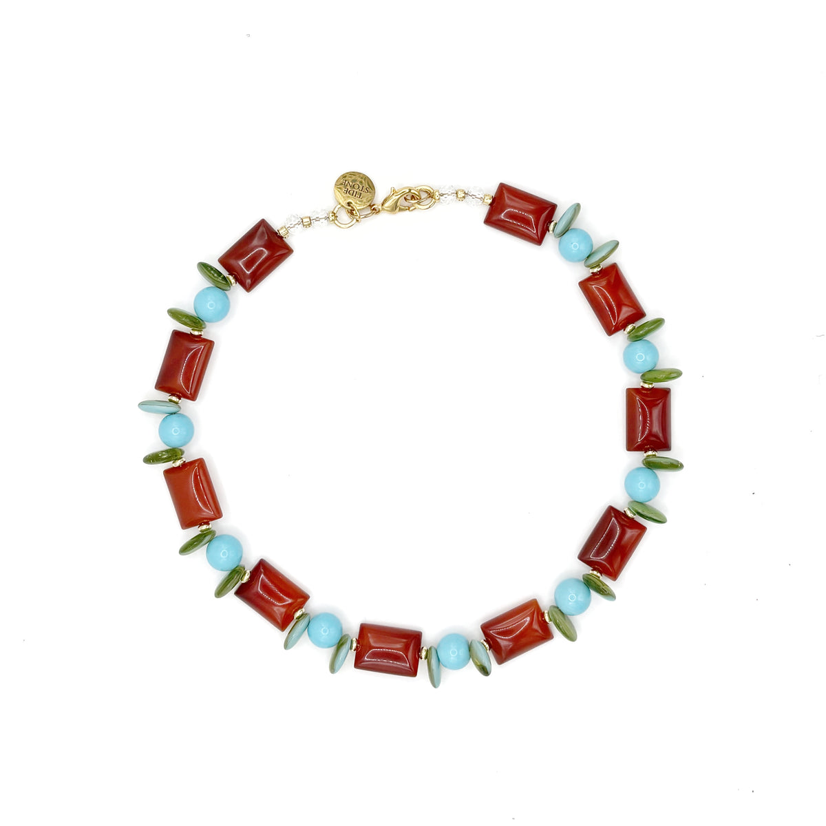 Collar Pontal de cornalina, howlita teñida en tono turquesa y cristal checo, hecho a mano – TideStone