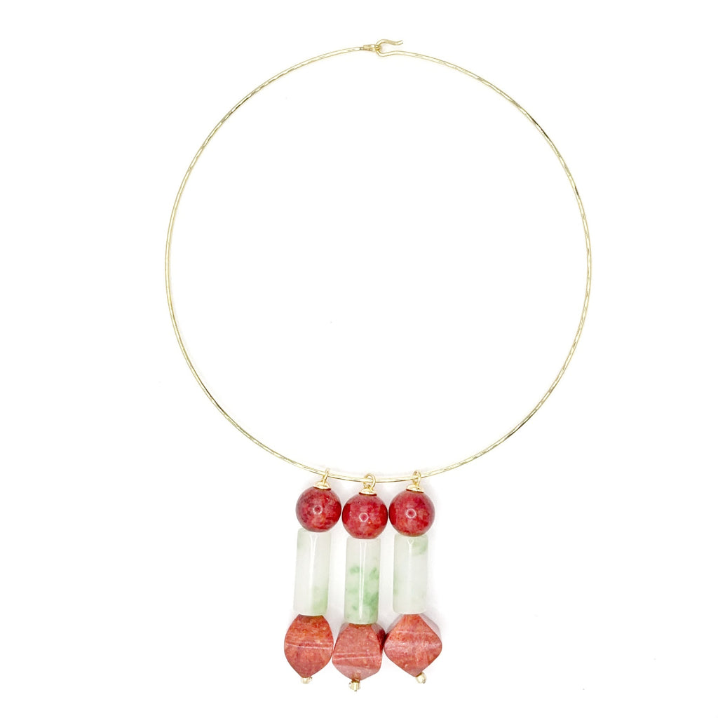 Gargantilla Aro Melocotón de coral bambú teñido de rojo y jade, hecha a mano – TideStone